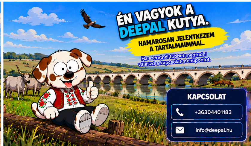 A foltos Deepal kutya a Hortobágyon, a Kilenclyukú híd és a puszta hátterével.